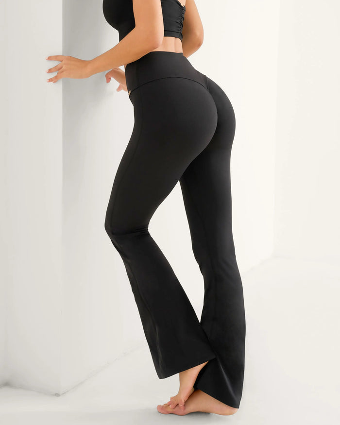 Lia Scrunched Flare Leggings - Black AMADAWEAR