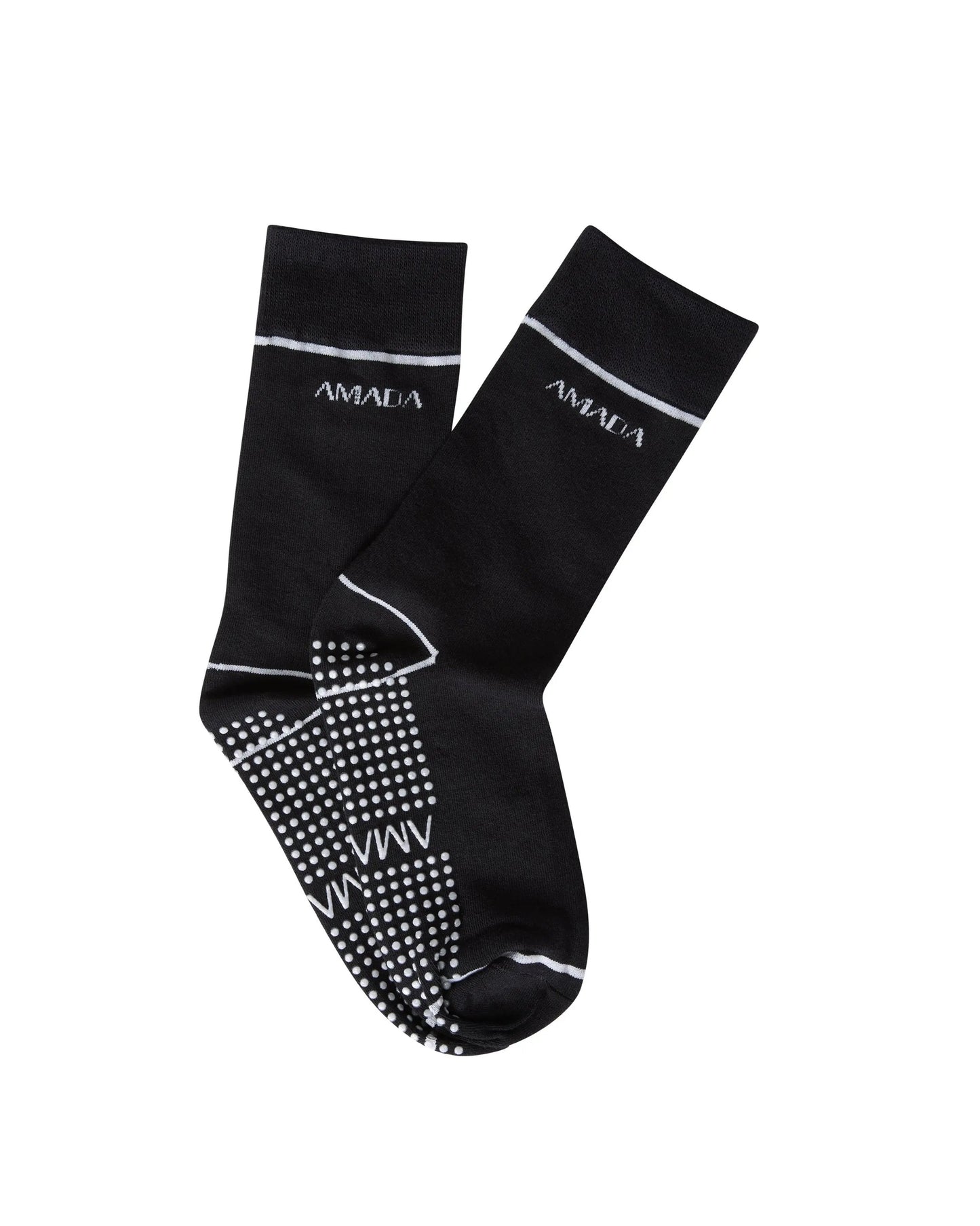 Black socks with white text and patterns on a white background